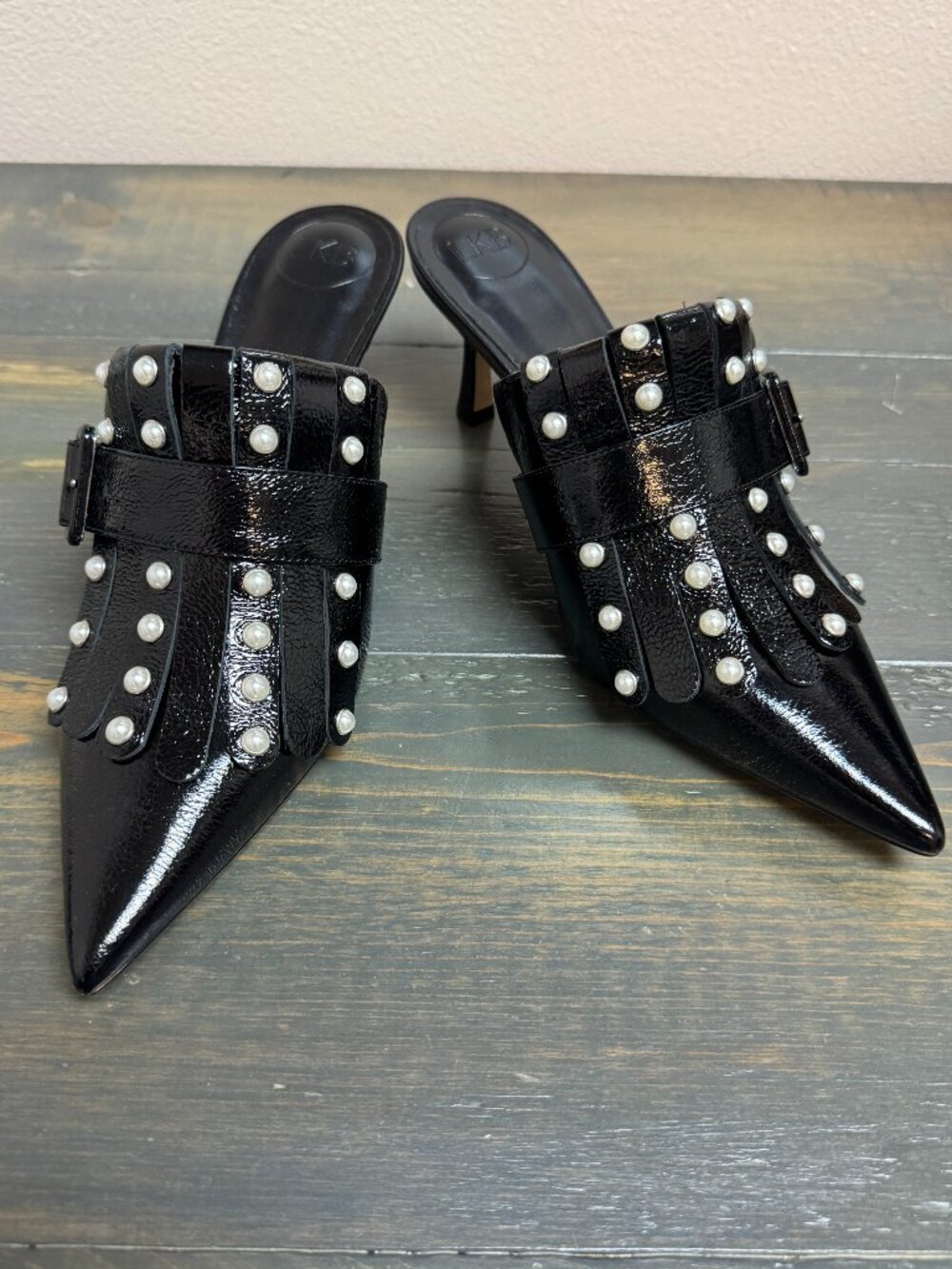 NWOB L.K. Bennett Atty Patent Leather Mules in Black and Pearl